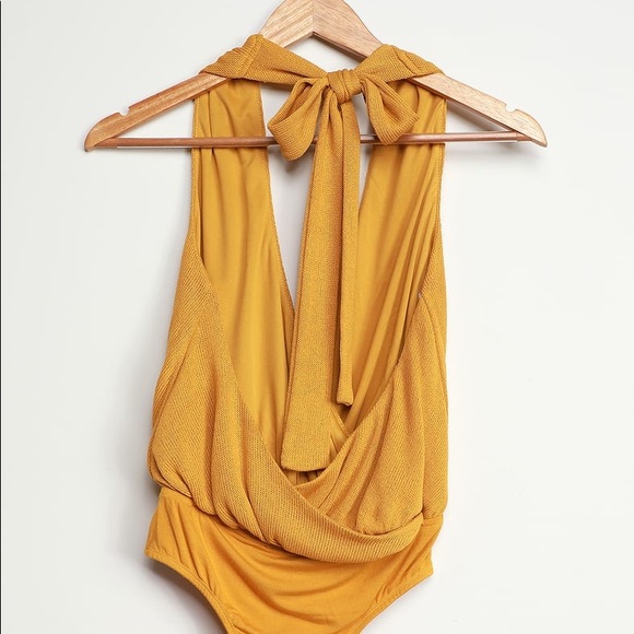 Mustard Yellow Faux-Wrap Knit Halter Bodysuit - Picture 6 of 7